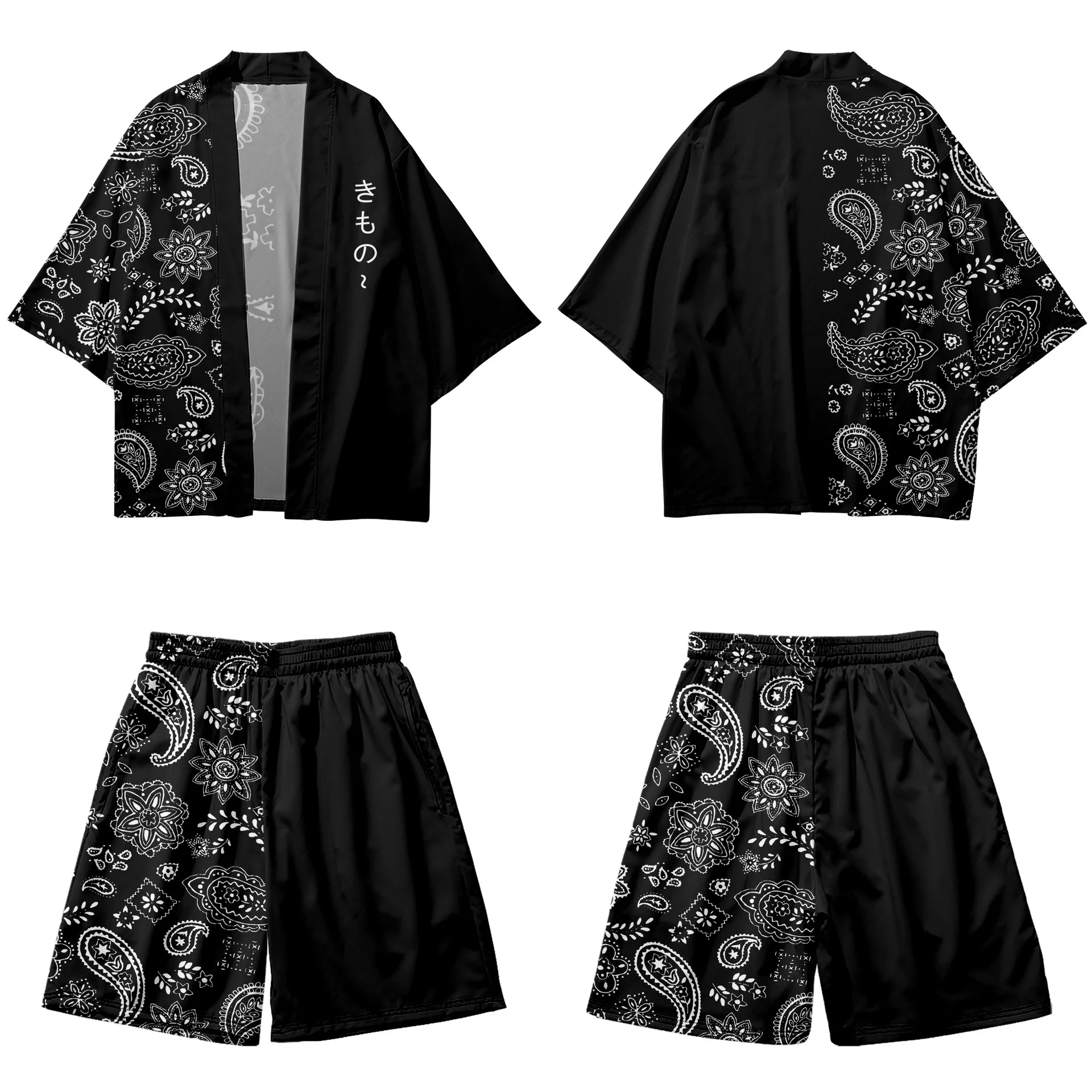 Summer Two-piece Suit Vintage Japanese Loose Cardigan Haori Yukata Green Demon Print Kimono Shorts Sets