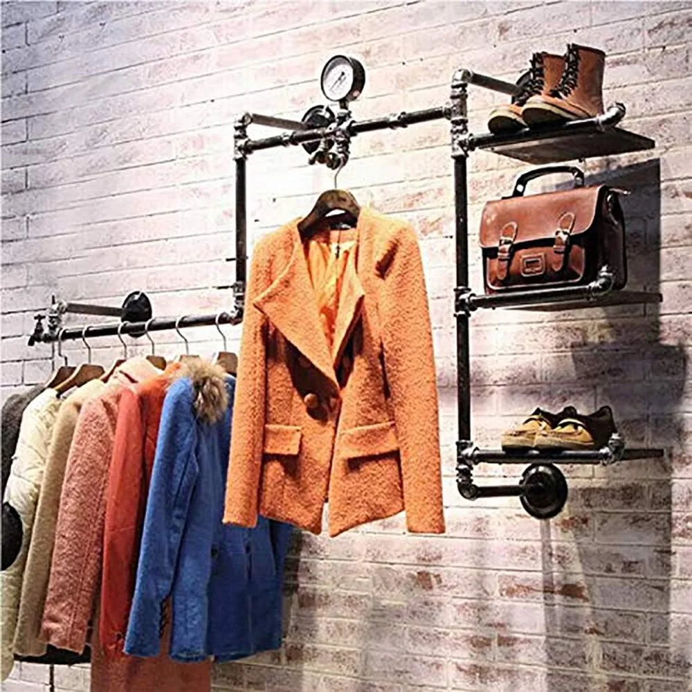 industrial pipe clothing rack wall mounted wood garment rack multi-function display rack shoes bag store shelves clothes hanger