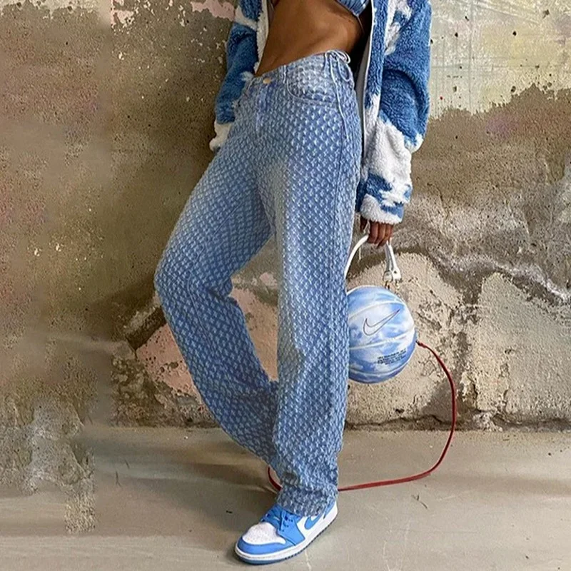 Y2k Women Vintage Denim Pants 2021 High-Waist Trousers Ripped Party Loose Straight Jeans Bottoms 90s Streetwear Hollow Blue New