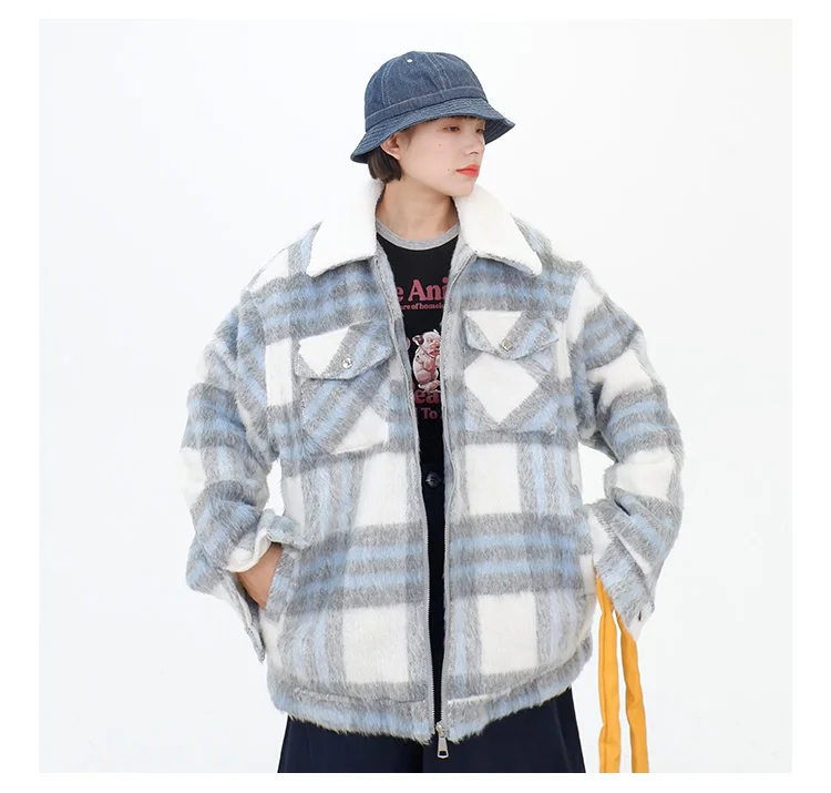 

Design inspired plaid lamb wool cotton jacket for women's 2023 winter new loose bf American retro trend coats