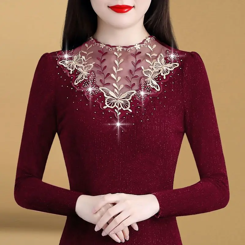 

Women's Autumn and Winter New Fashion Solid Color Pullover Stand Neck Hollow Out Bright Silk Diamond Long Sleeve Slim Fit Tops