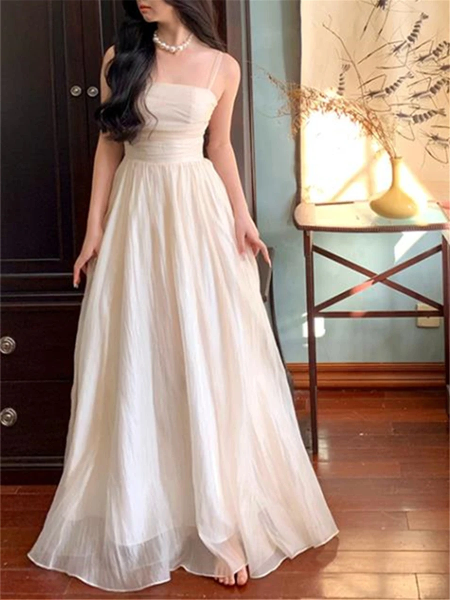 

Straps Dress Women Elegant Sleeveless Summer 2023 Fashion Evening Party French Spring Folds Midi Vestido Vintage Female Clothing