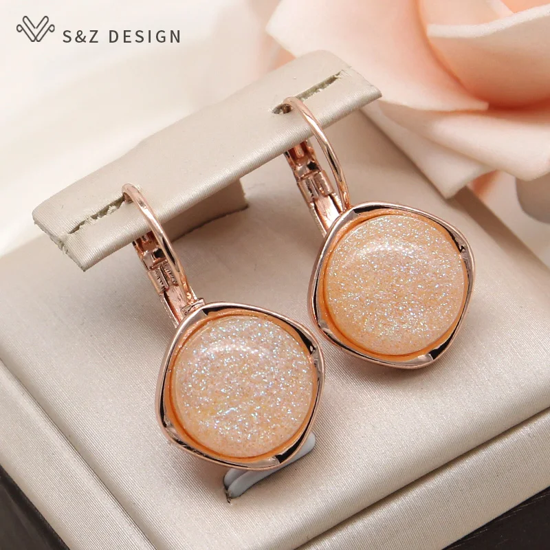 S&Z DESIGN New Fashion Round Colorful Resin Dangle Earrings For Women Fine Jewelry 585 Rose Gold Color Eardrop Daily Accessories