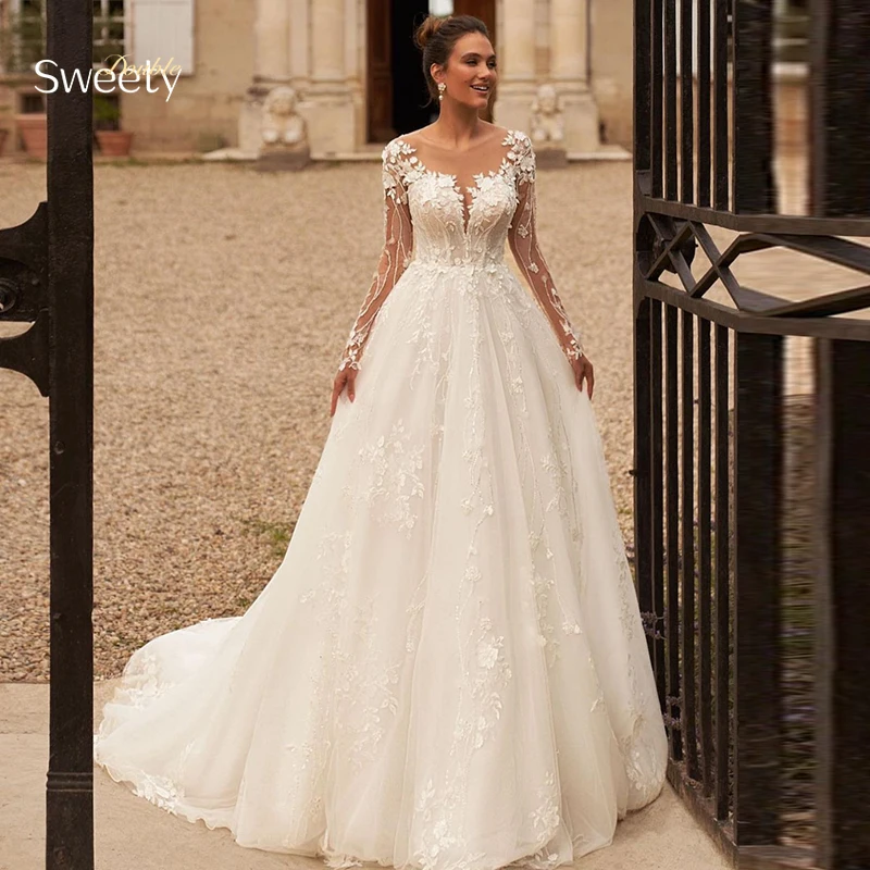 

Elegant Wedding Dress Embroidered Lace On Net With A-Line Ball Gown O-Neck Full Sleeve Bride Dress Back Button Vestido De Novia