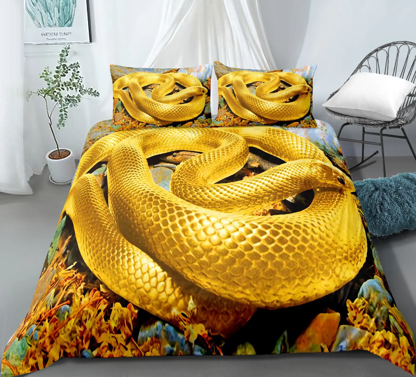 Jogo de edredom Queen Yellow Snake com estampa 3D de cobra amarela  conjuntos de 3 peças com zíper, capa de edredom Queen tamanho 228,6 x 228,6  cm e 2 fronhas 50,8 x 66 cm