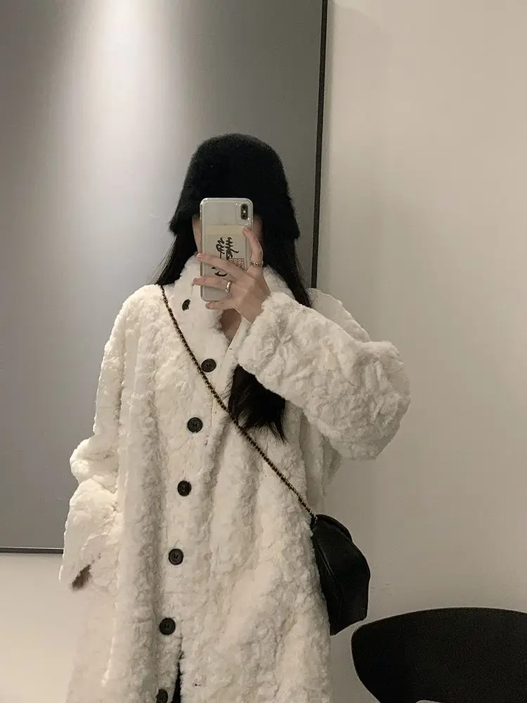 Winter Lambswool Coat Women Warm Faux Fur Jacket Thick Mid-length Fluffy Jacket Luxury Stand Collar Long Sleeve Overcoat Korean