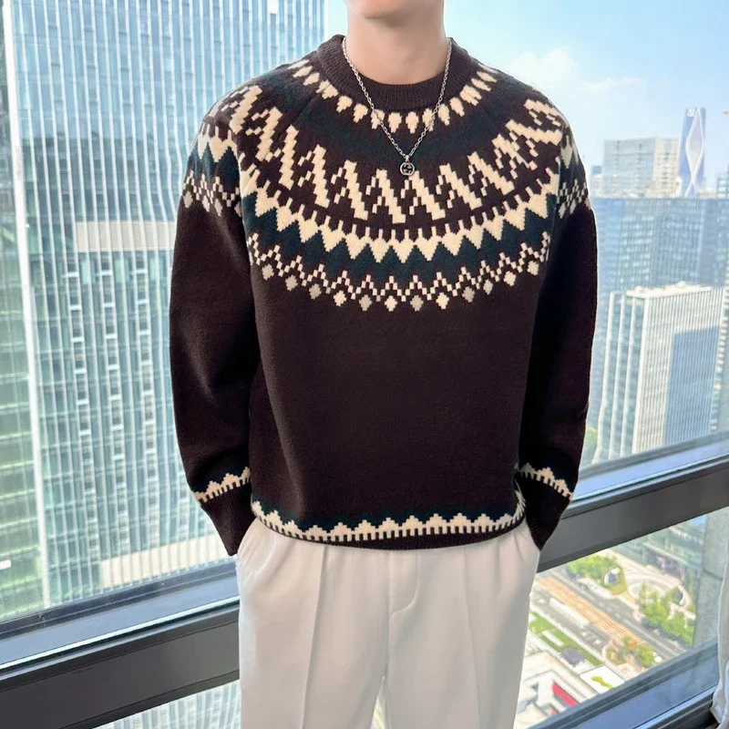National Style Mens Sweaters Fancy Graphics Contrast O-Neck Knitted Pullovers Autumn Winter Top Long Casual Jumper for Man
