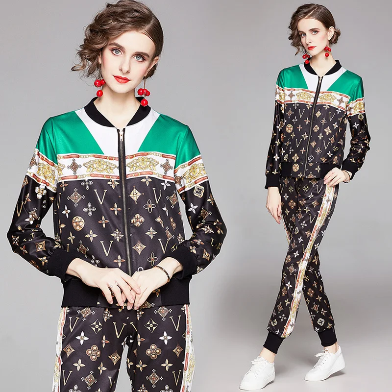 Spring Fall Runway 2 Piece 2pcs Womens Sets Vintage Baroque Print Zippered Long Sleeve Top Jacket Coat Pants Tracksuits Outfits |