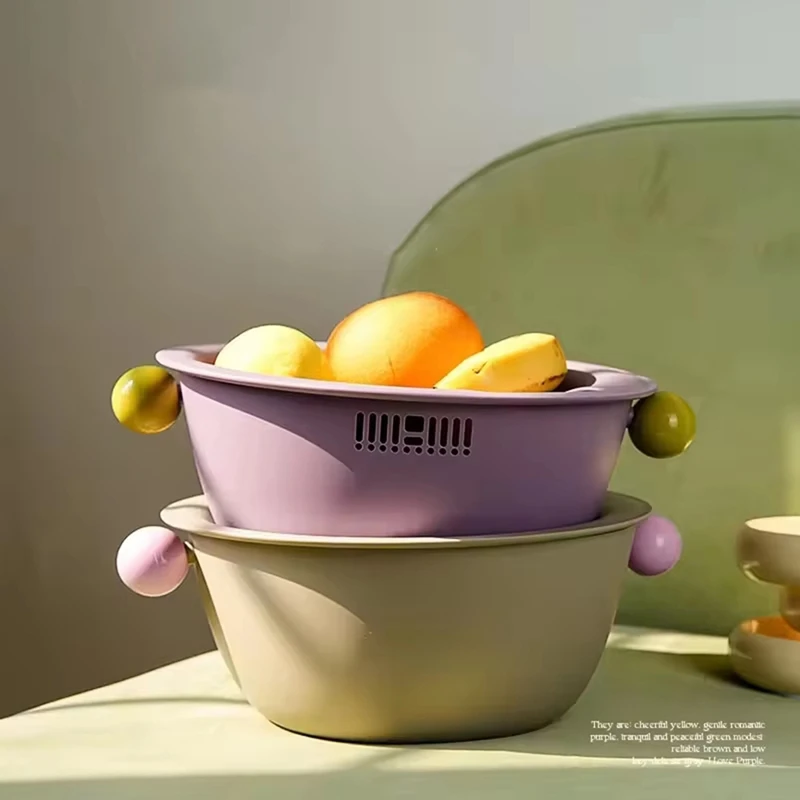 Multifunctional Double Layer Vegetable And Fruit Washing Basket, Cute Round Solid Color Design, Thickened For Durabilityabkw