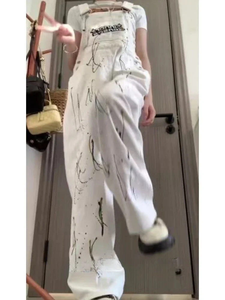 New 2025 White Denim Overalls for Women with Korean Loose Jumpsuits Pants Baggy Overalls Female 3