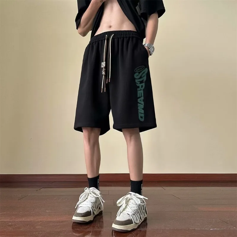 American Style Trendy Summer Casual Shorts Men Elastic Waist Drawstring Letter Fashion Sports Big Size Loose Knee Length Pants