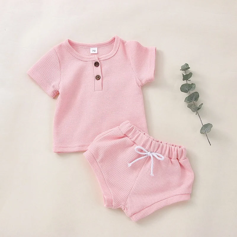 baby clothing set essentials Infant clothes 0-6 years old summer boys striped T-shirt girls baby waffle cotton round neck short sleeve shorts two-piece set baby outfit matching set