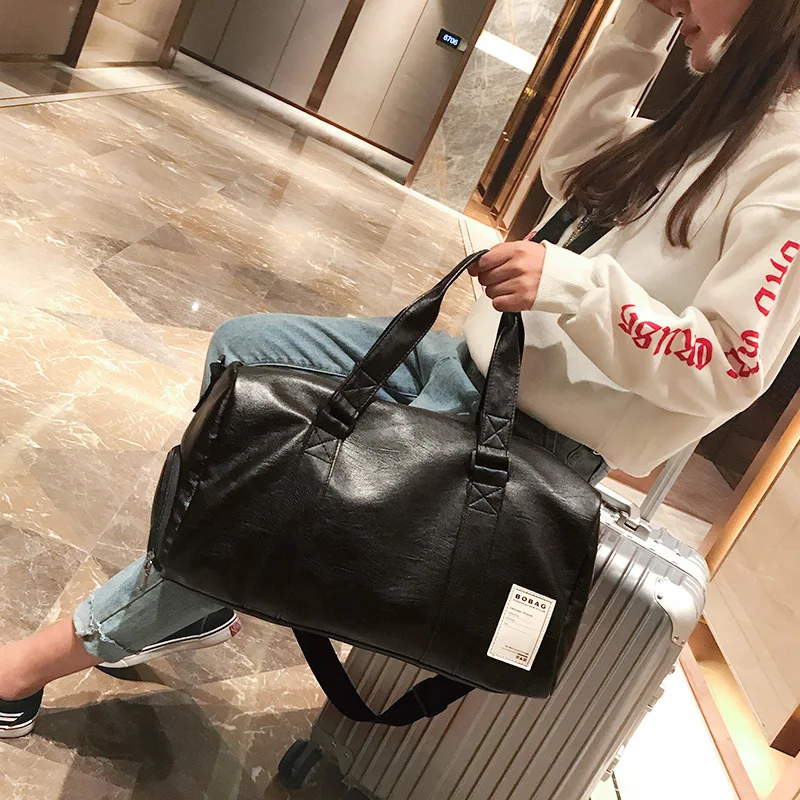 New PU Leather Women's Travel CylindriCal Waterproof Handbag, Large CapaCity AircrAft Luggage Bag, SportS And Fitness Bag