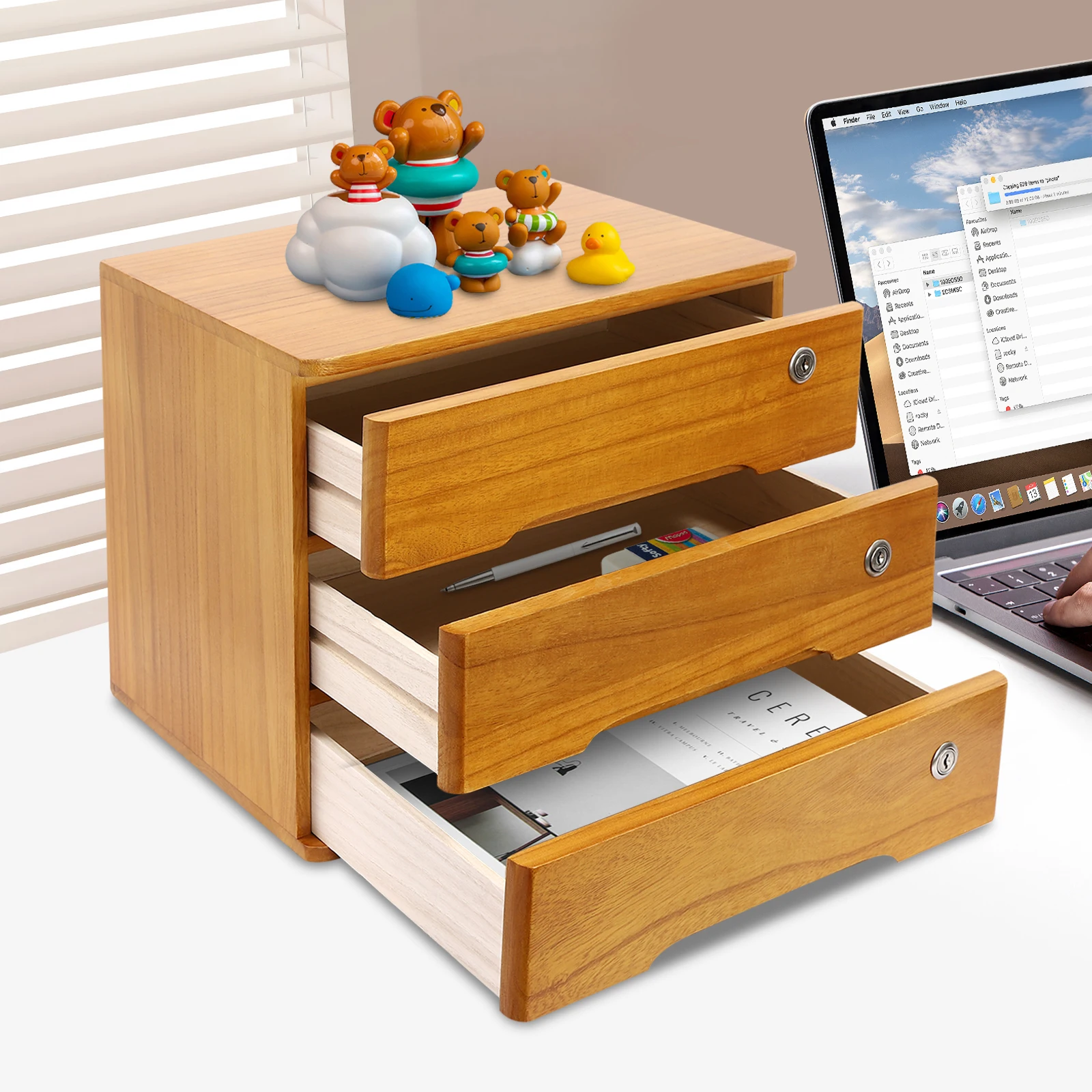 3-stöckige Aufbewahrungsbox mit Abschließbarer Schublade, Holz-Schreibtischorganizer, 39 X 30 X 31 Cm (Holz) – Detail 1