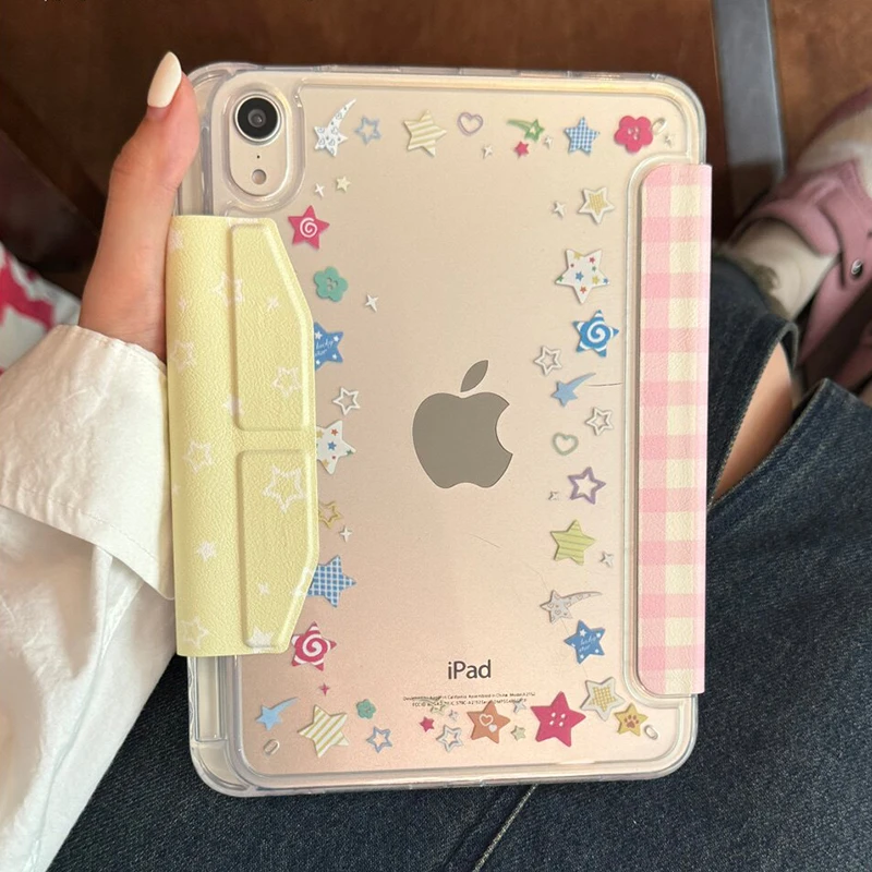 Pink & White Grid Pattern with Colorful Stars Tablet Case Cover