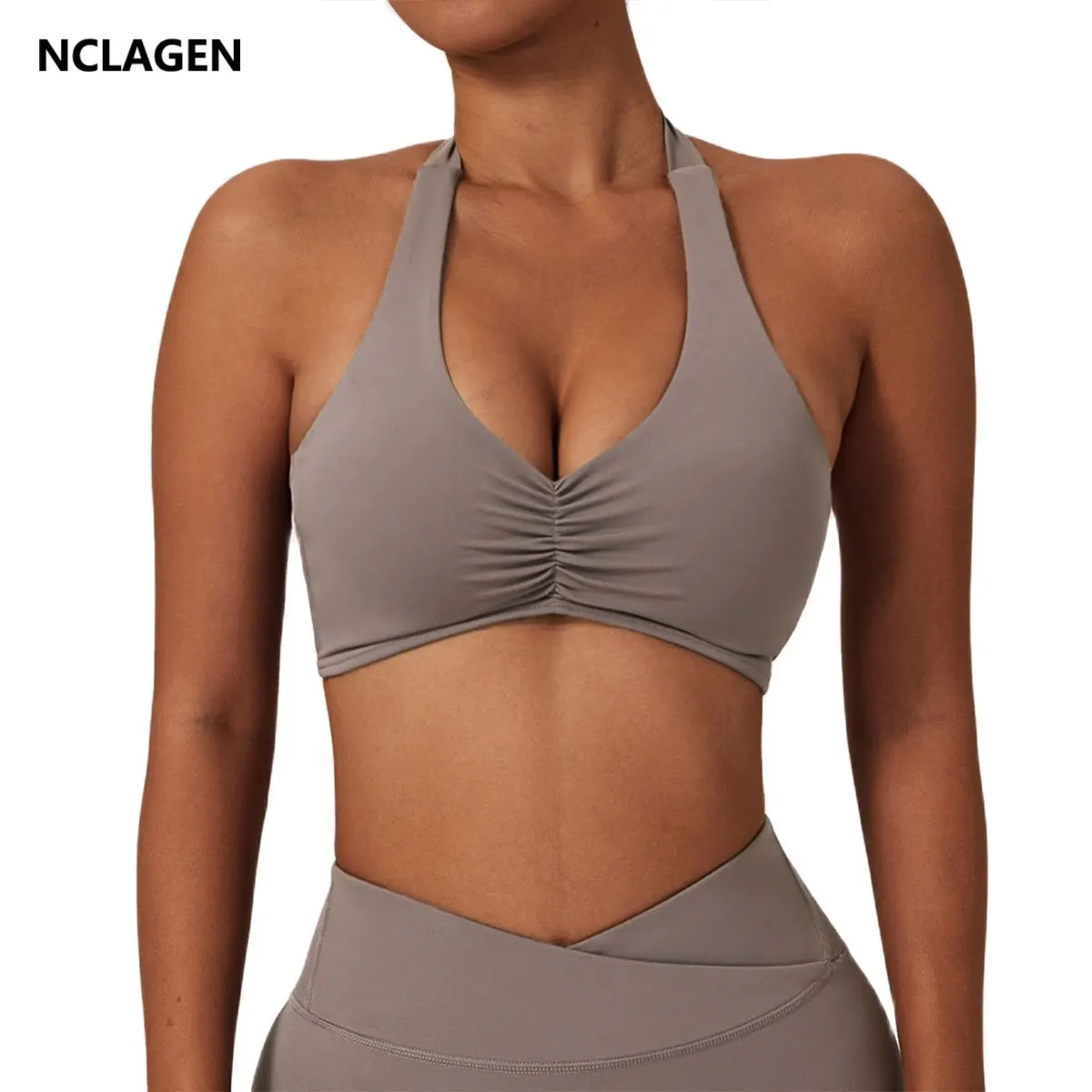 NCLAGEN 여성용 홀터 스포츠 브라, 지지대 임팩트 구김 피트니스 체육관 요가 탑 운동복, 푸시업 코르셋 패딩 액티브웨어