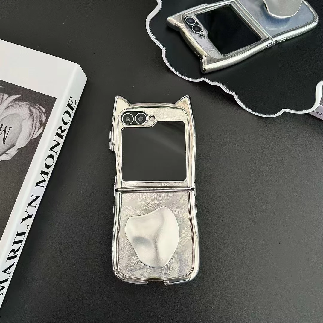 Samsung Galaxy Z Flip 3 4 5 6 Cute kaķa ausu spalvu sirds spoguļa turētāja statīvs mirdzošs tālruņa korpusa vāciņš_voghion.com