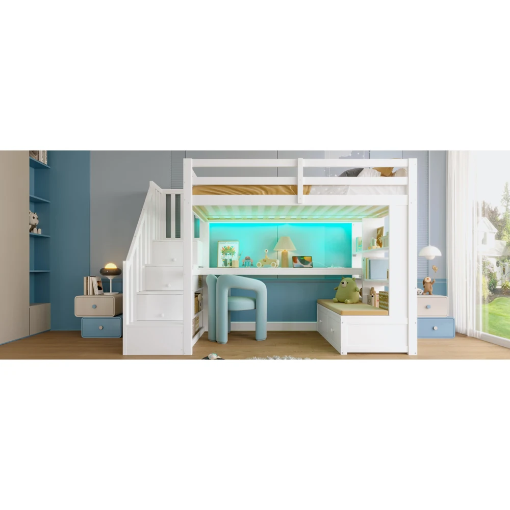 90x200cm modernes Hochbett, Kinderbett, Babybett mit Schreibtisch und Regalen, zwei integrierte Schubladen, Stauraumtreppe, Schlafzimmermöbel – Detail 8