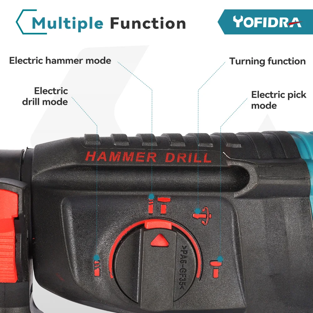 Yofidra 26mm Brushless Electric Hammer Drill Cordless Multifunctional Electric Pick Rotary Tools For Makita 18V Battery