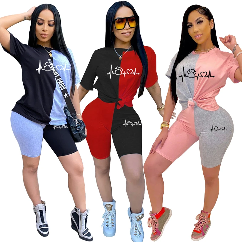 Women Print Tracksuit Sexy Tops Short Sleeve Summer 2 Piece Suit Women Sports T-Shirt Suits Short Slim Pants Splice Clothes men s summer tracksuit casual vertical stripes print set 2 pieces t shirt shorts sports jogging suit outdoor clothing streetwear