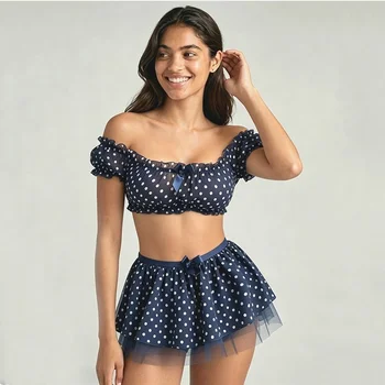 Women's Sexy Short Skirt with Garter Straps Sexy Lingerie Women Sexy Polka Dot Off Shoulder Puffy Skirt Polka Exotic Set