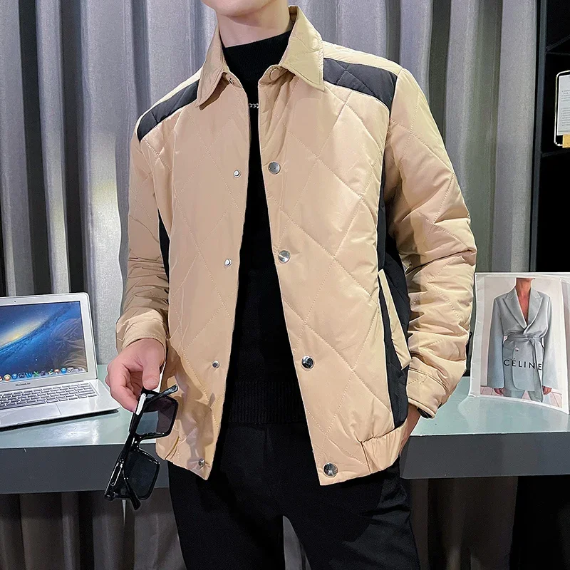 

High-quality Winter Men's Parka Jackets Fashion Casual Jacket Plaid Stitching Business Social Street Wear Windproof Overcoat