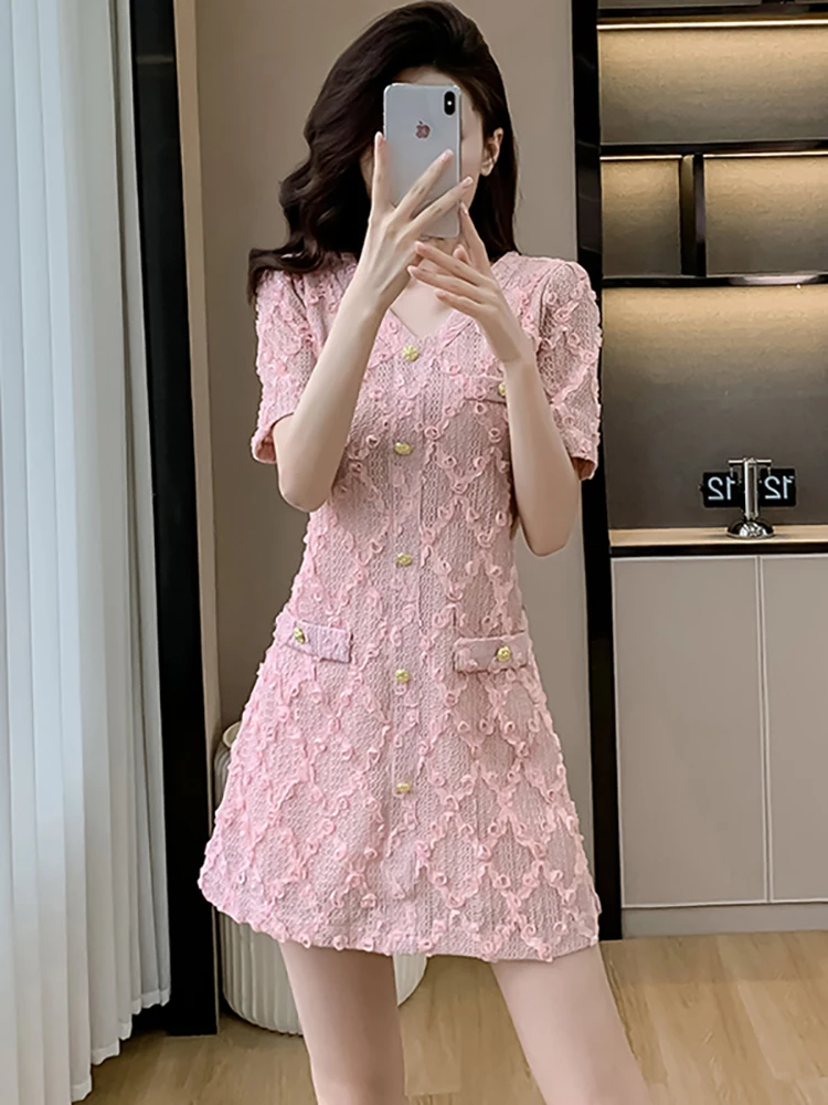 

Summer Pink Lace Jacquard Short Sleeve V-Neck Mini Dress Women Elegant Casual Birthday Dress 2024 Korean Fashion Bodycon Dresses