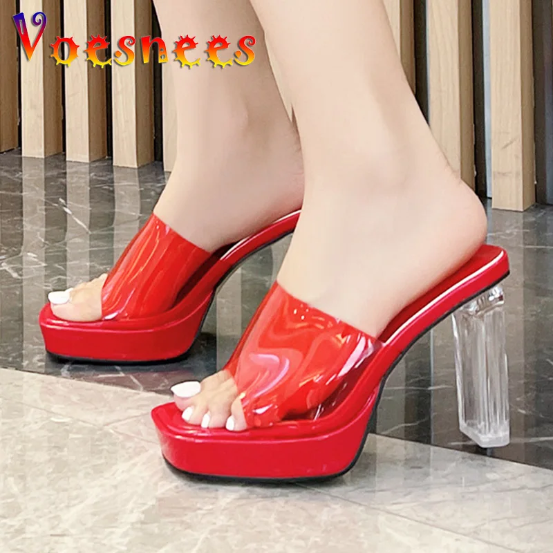 

Fashion Platform Party Sandals Transparent High Heels Slippers 9CM Women's PVC Jelly Shoes Summer Square Head Walk Ladies Pumps