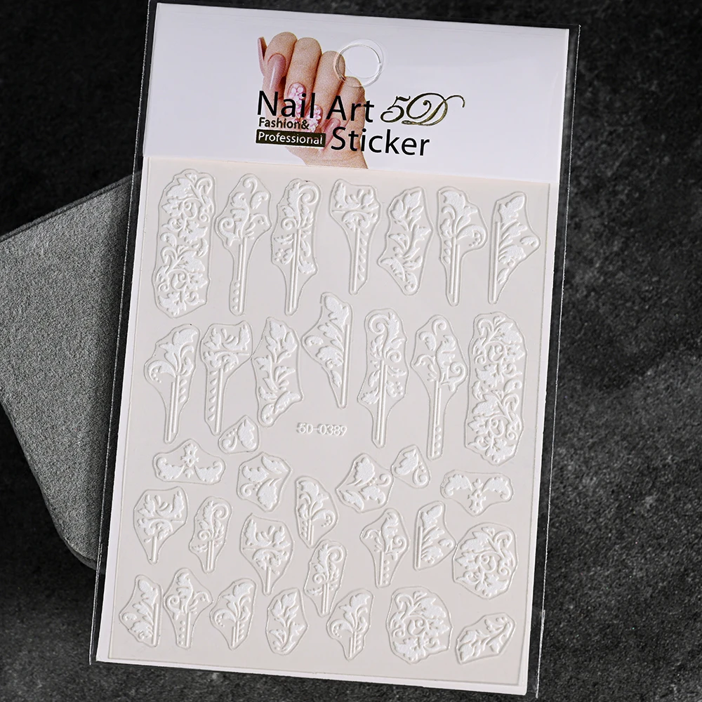 5D geprägte weiße Spitze Blume Nail Art Aufkleber Acryl Blumen Blatt Schmetterling Charme selbstklebende Schieber 10 * 8 cm Maniküre Aufkleber – Detail 14