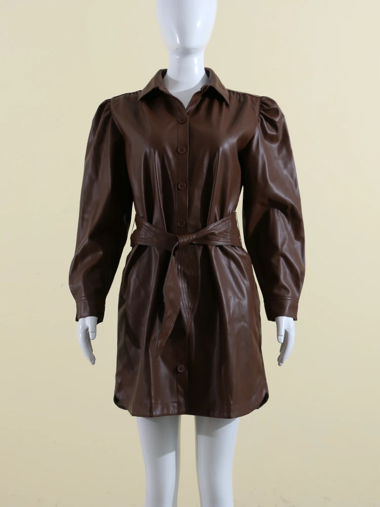 

Women's Trench Coats Autumn Winter New Outerwear Lapel Lace Up Single Breasted Faux Leather Jacket Women Clothing Streetwear