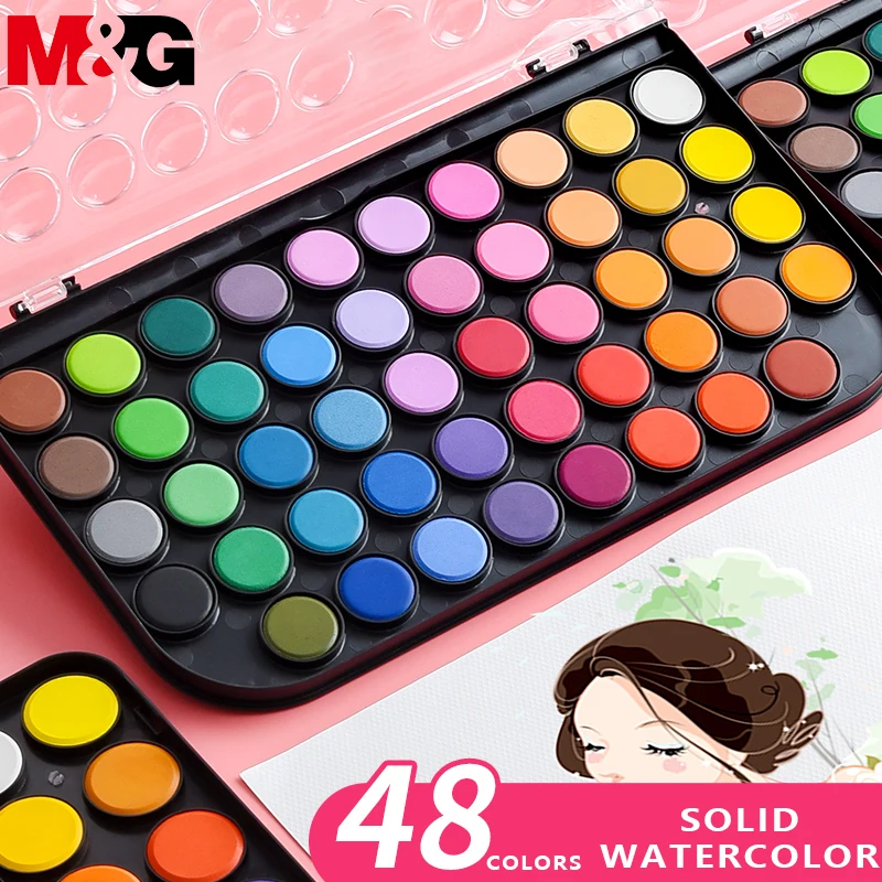 M&G Solid Watercolor 12/28/36/48 Colors Pigment Professional Portable Plastic Watercolor Palette Painting Supplies Art Tool Set