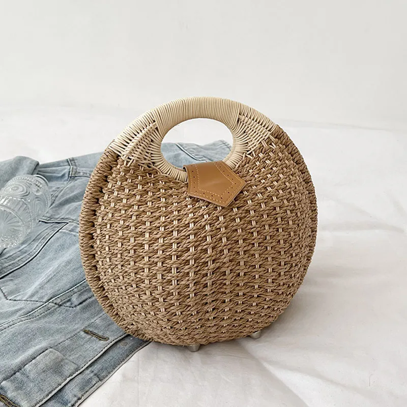 

Summer Wicker Woven Round Tote Bag For Women Vacation Travel Hand Bag Lovely Cute Beach Bag Lady Small Handbags and Purses