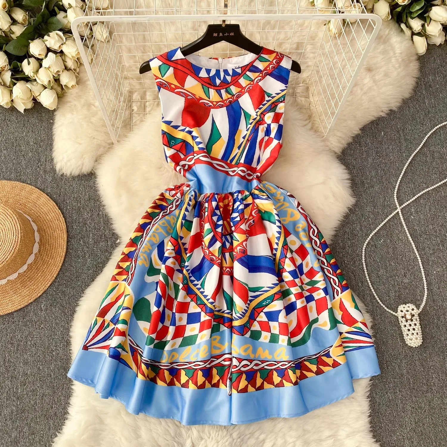 

2024 New Fashion Elegant Summer Women Print Flower O Neck Sleeveless Tank Casual Colorblock Casual Party Beach Mini Dresees