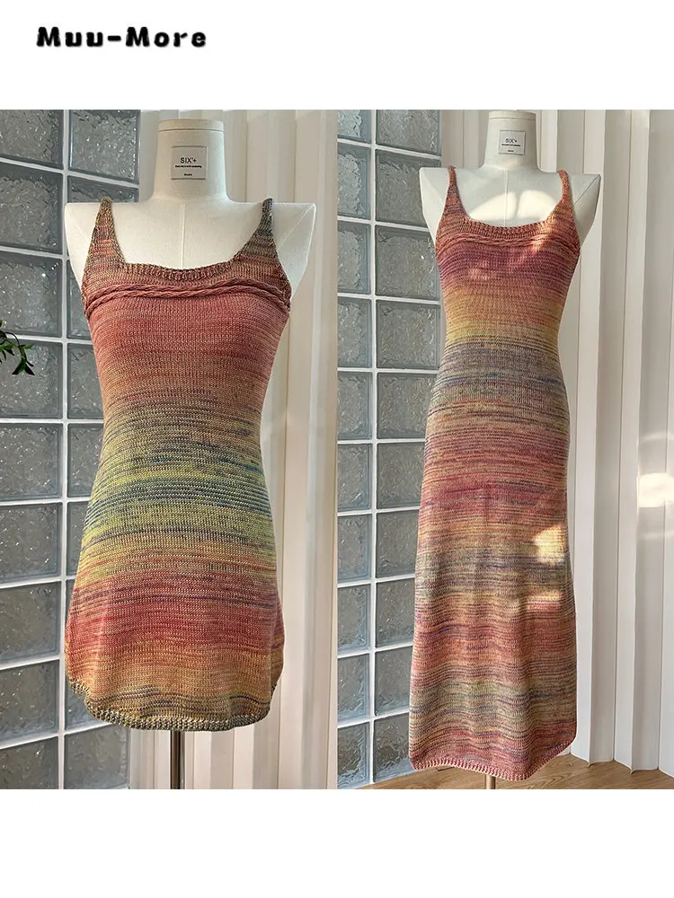 

Women Rainbow Print Sexy Sleeveless Round Neck Sheath Mini Dresses 2023 Summer Hotsweet High Waist Slim Fit Camisole Dress