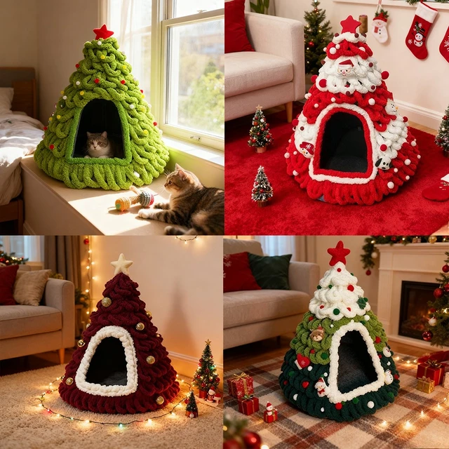 Finished Product Christmas Tree Cat Nest Cat House/ Winter Warmth Closed Security Cat Bed Weave Pet Tent No Need To Make고양이 굴 6