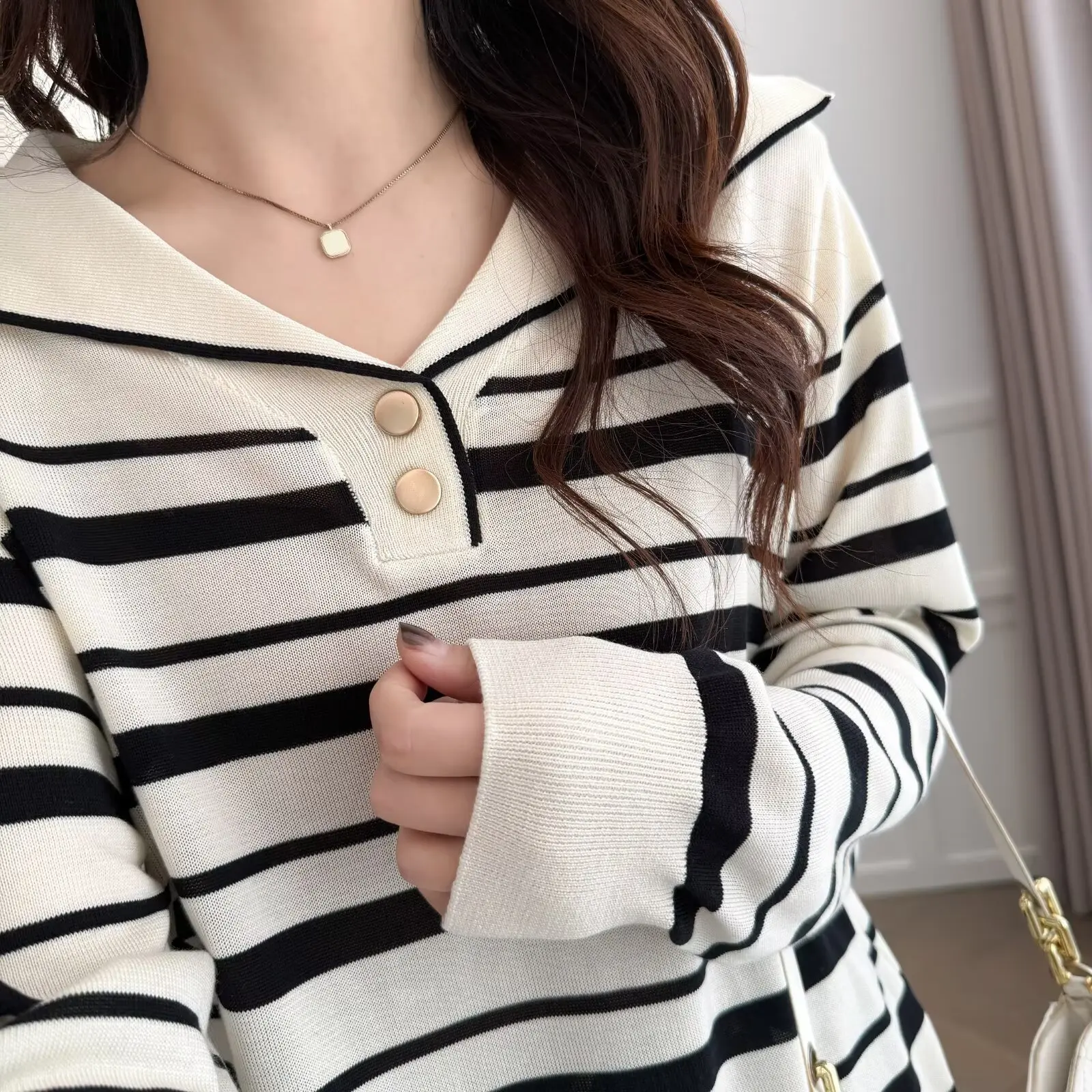 Fashion Plus Size Women's Sweater Autumn Stylish Casual Sailor Collar Striped Knitted Long Sleeve Jumpers 2171
