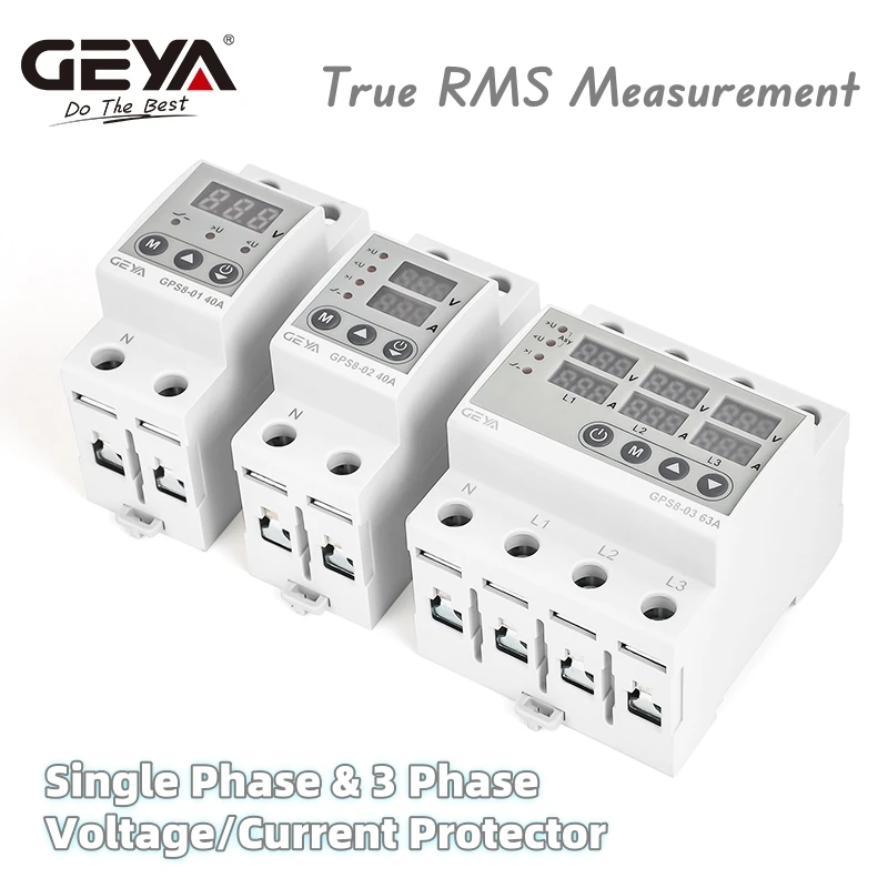 GEYA GPS8 Din Rail Dual Display Adjustable Over Voltage Current Under Voltage Protective Device Protector Relay 63A 220V 230V