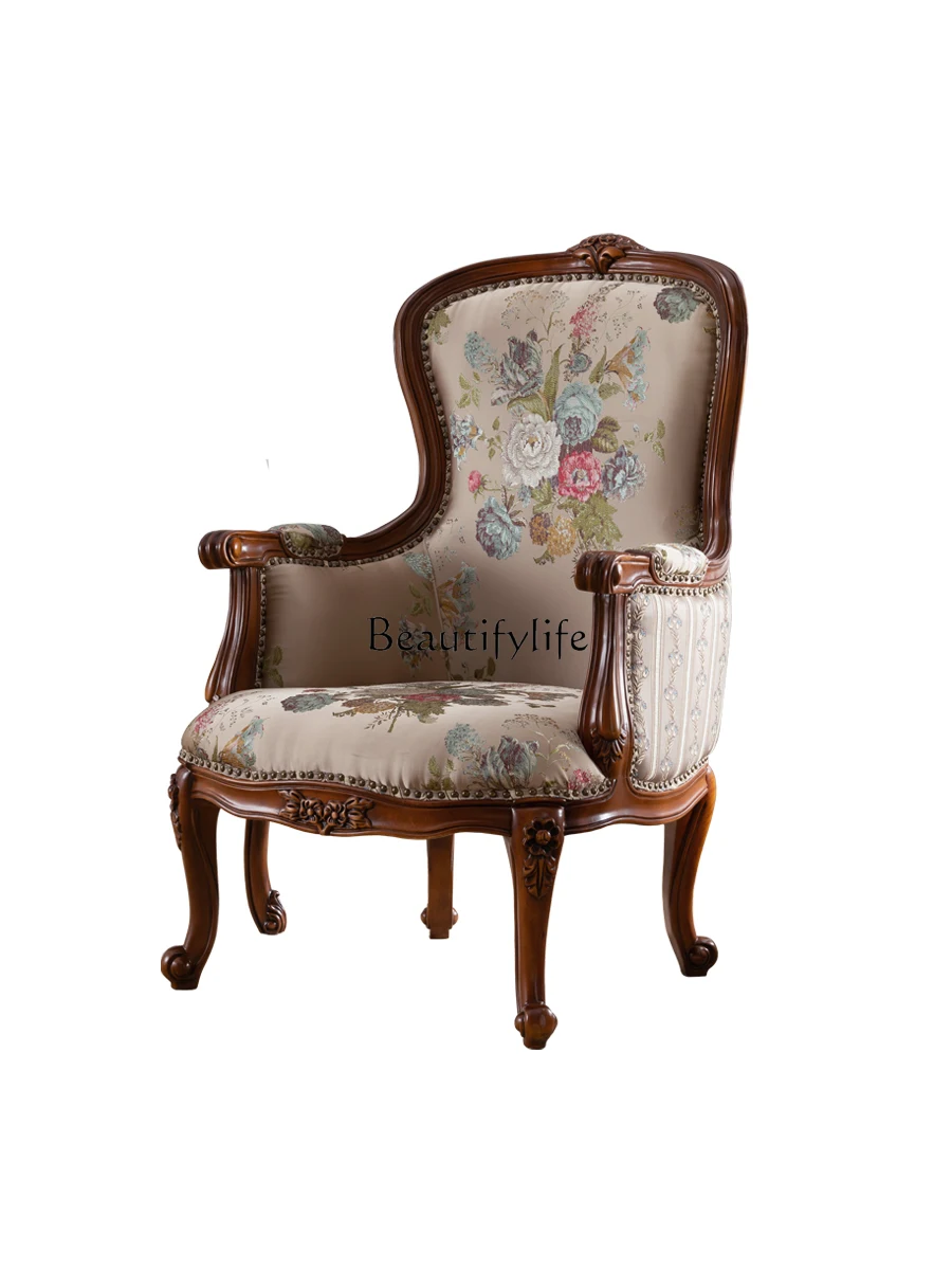 

American-Style Solid Wood Living Room Fabric Craft Single Sofa European-Style Small Apartment Bedroom Couch