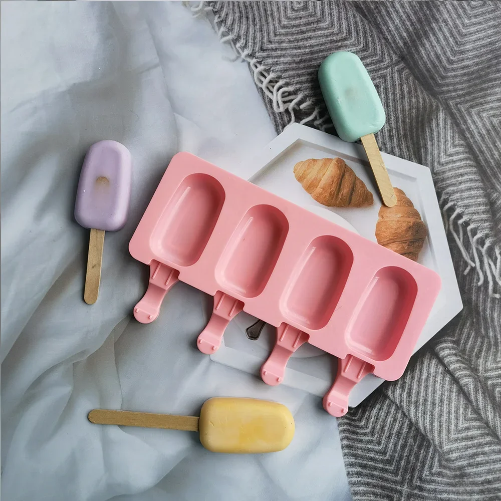4 Cells Oval Silica Gel Mold Silicone Ice Cream Mold Popsicle Mould DIY  Ice Pop popsicle manufacturer ice tray Cake Baking Tool