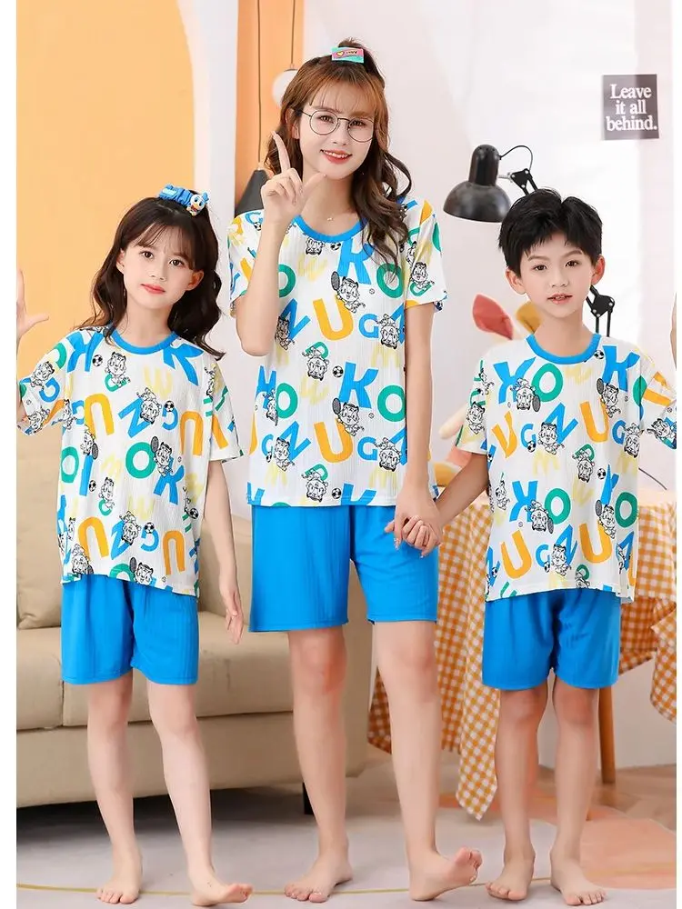 Conjunto de pijamas neutros fofos para meninos e meninas, homewear bonito infantil, manga curta fina infantil, verão, pai, criança, 2 peças