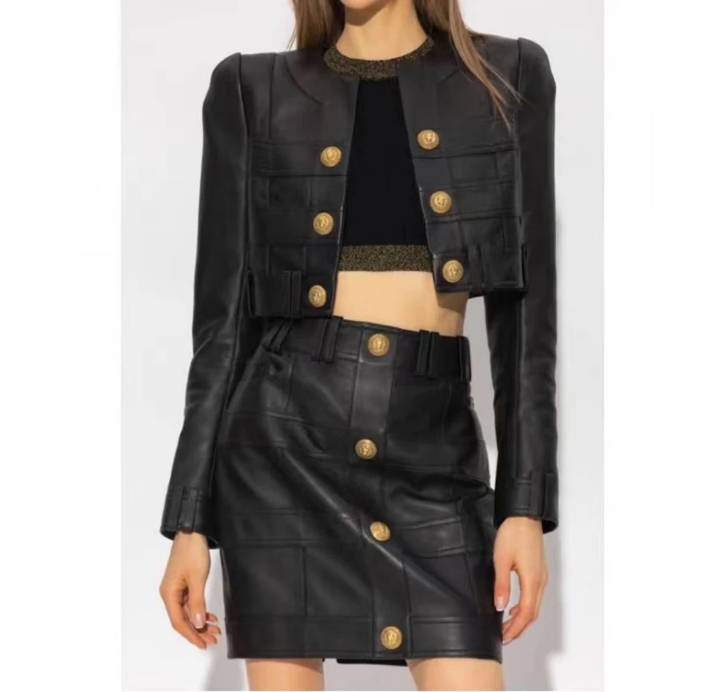 

Женская короткая куртка из натуральной овечьей кожи, с круглым вырезом, F038, осень 2023