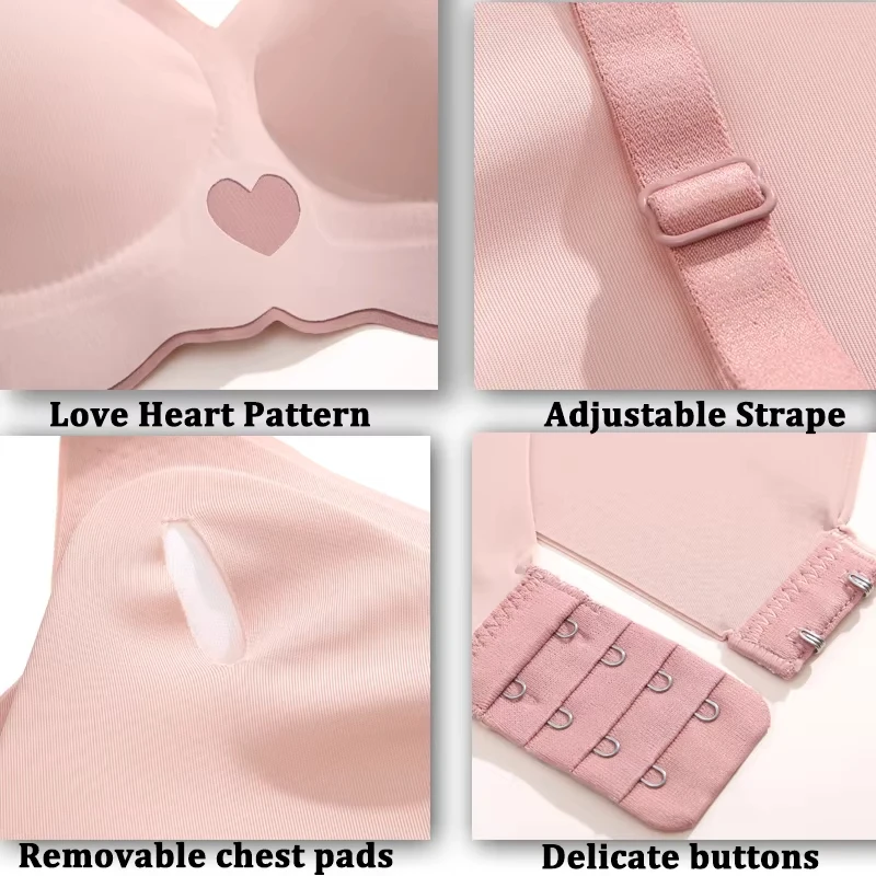Push Up Bras For Women Love Heart Pattern Brassiere Deep V Neck Cute Underwear Female Seamless Wireless Soft Lingerie