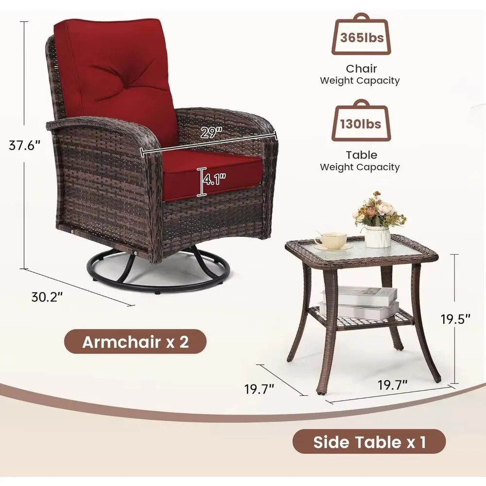 2 Luxury Outdoor Swivel Wicker Glider Patio Chairs with Table Set, Overstuffed Washable Cushions, Ideal for Porch, Balcony,Deck 6