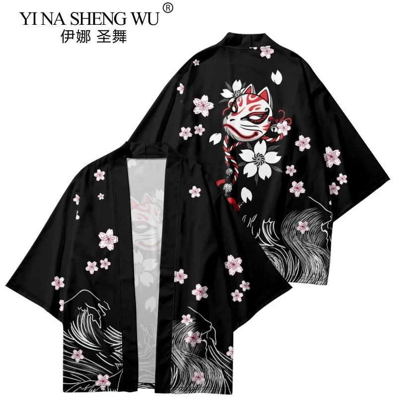 Men Kimono Japanese Traditional Costumes Fashion Kimono Haori Fox Cardigan Jacket Beach Wear Cloak Samurai Shirt Coats Oversized