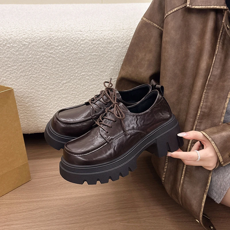 Aphixta 6cm Square Heel Women Loafers Lace Up Classic Woman Spring Shoes Platform High Quality Leather Ladies Casual Shoes