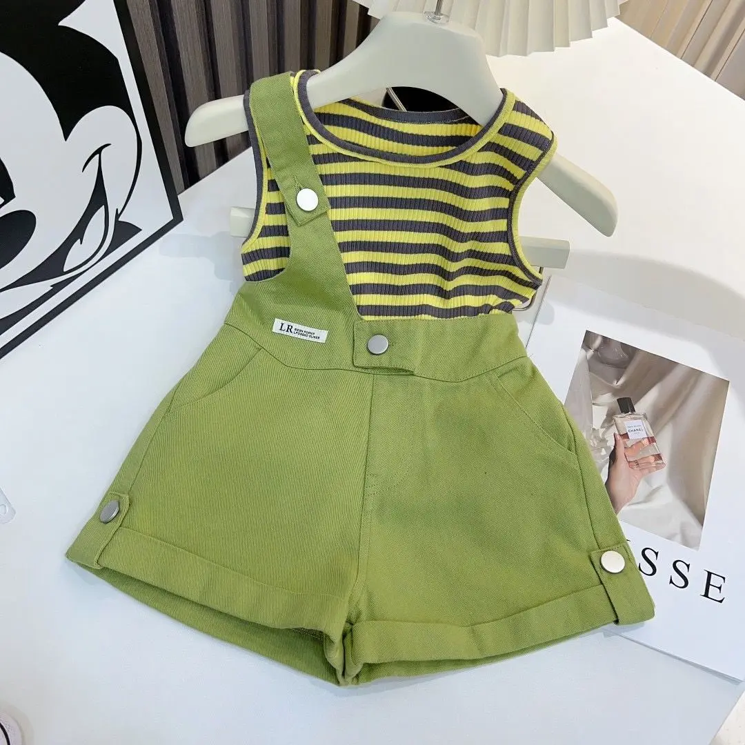 

Children Clothing Set 2023 Spring Summer Striped Girl Baby Korean Style Loose Fashionable Suspenders Pants Two Piece Casual Set