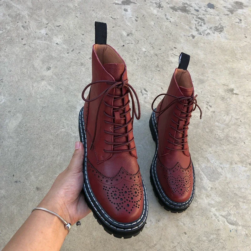 

INS 2023 Women Ankle Boots Cowhide Chunky Heel Shoes Autumn Winter Ladies Shoes Lace Up Short Boots Motorcycle Woman Boots