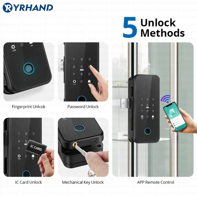 YRHAND Drill free Bluetooth Biometric Fingerprint RFID Card Code Remote Control Tuya App Electronic Smart Glass Door Lock 4