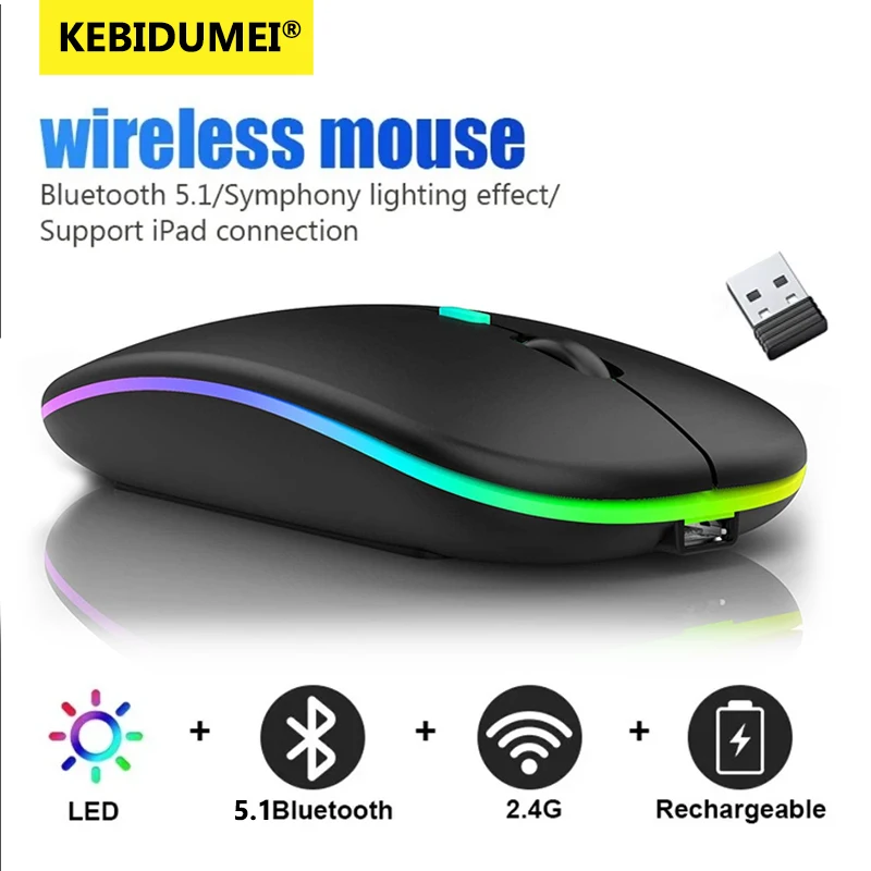 LED Wireless Bluetooth Mouse Rechargeable RGB Backlight Mice for iPad PC Laptop Desktop Tablet Phone 2.4GHz USB Ergonomic Mouse
