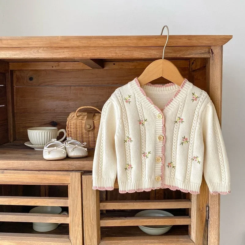 

2023 Autumn Baby Girl Sweater 0-3Years Princess Newborn Kids Long Sleeve V-Neck Embroidery Flower Cardigan Coat Outwear Clothes